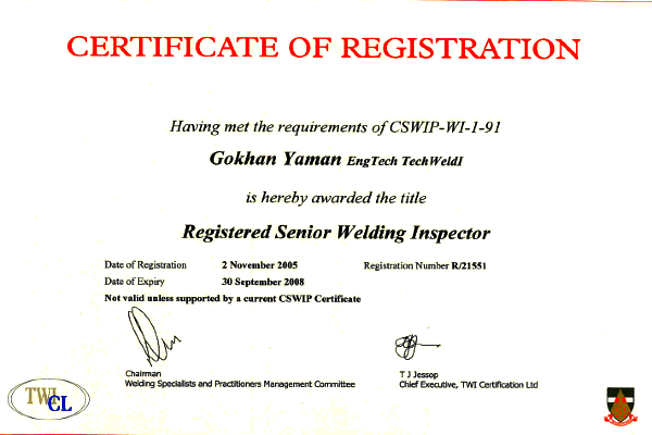 Registration of Registered Senior Welding Inspector - 2005-2008