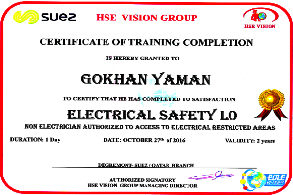 Electrical Safety L0 Training Certificate - 2016-2018